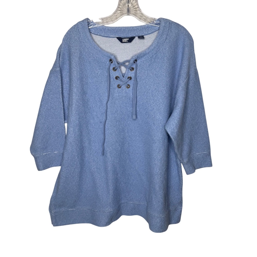 Lands End Womens 1X Blue Textured Lace Up 3/4 Sleeve Sweatshirt Tunic Top